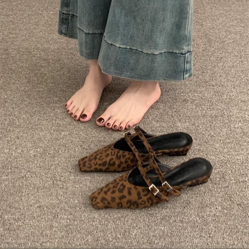 Leopard High Heels Slippers Women Square Toe Sandals Mules Shoes Summer 2025 Trend Designer Shoes Sexy Woman Pumps Dress Slides