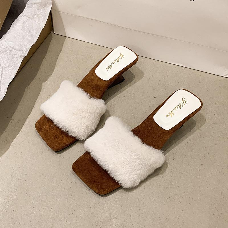 Papuci pufoși premium noi, cu toc înalt, din catifea, din bumbac, 2025, purtați toamna și iarna, papuci răcoroși cu toc înclinat