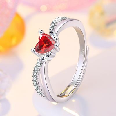 Fashion Ladies Crystal Red Love Heart Open Adjustable Rings Jewelry