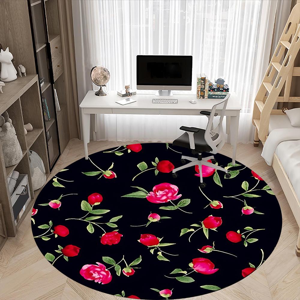1 Stück Rote Rose Muster Stuhlteppich für Büro, Runder Polyester Teppich, Innen Dekoration für Büro, Pflegeleichtes Gewebe, Waschbarer Rutschfester Bereichsteppich