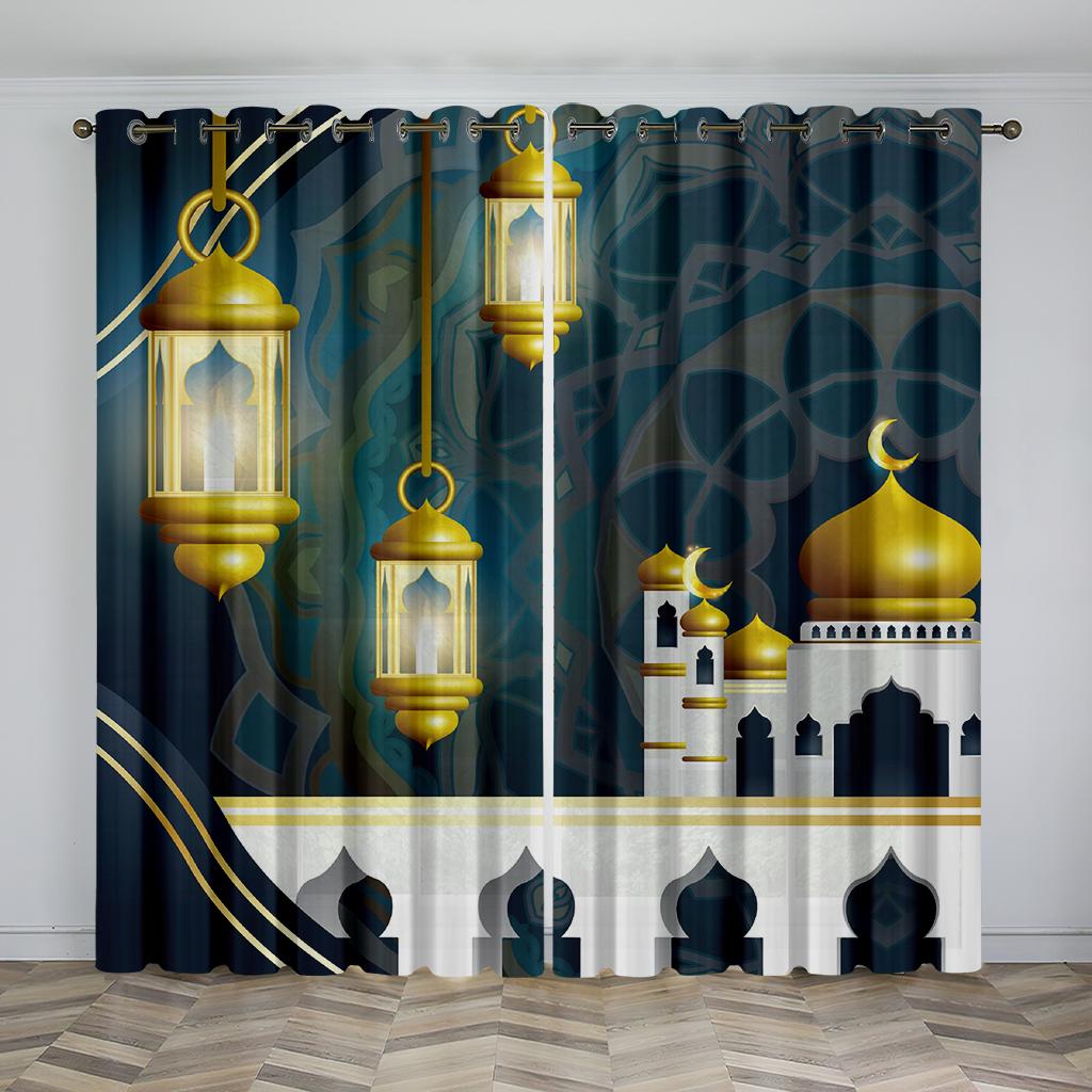 Cheap Gold Black Boho Ramadan Lslamic Muslim Kareem Thin Window Curtain for Living Room Bedroom Decor 2pcs