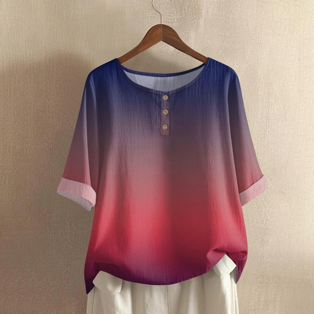 Women's Fashionable And Casual Shirt Half-sleeve Round Neck Print Cotton And Linen Blouse Top