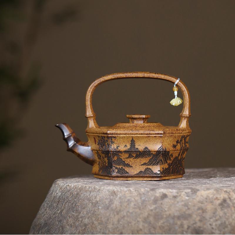 

Чайники из исинской фиолетовой глины 350 мл, ручной работы, с поднимающейся ручкой, из сырой руды, обожженные в дровяной печи, фарфоровый глиняный чайник с инфузором, чайный набор Zisha