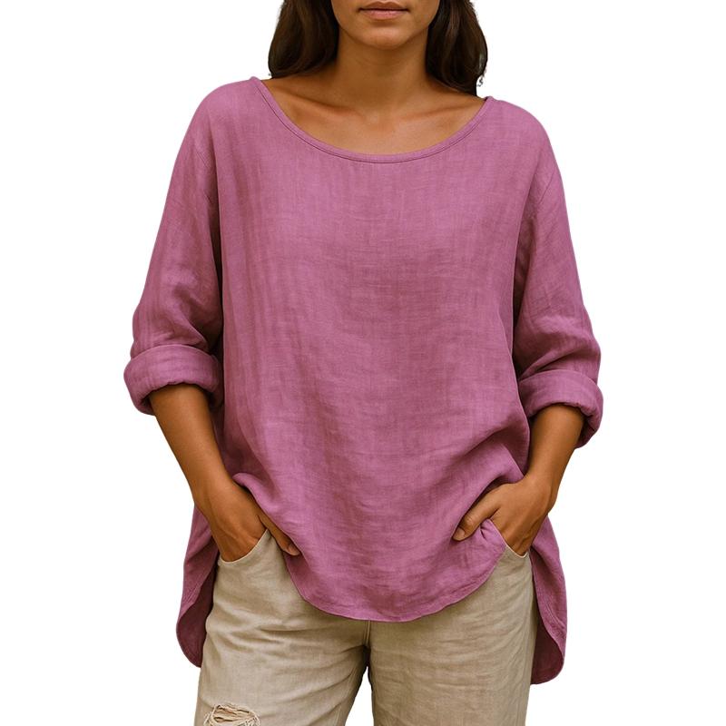 Women Solid Solor Crew Neck Top Casual Loose Cotton and Linen Long Sleeve Pullover L