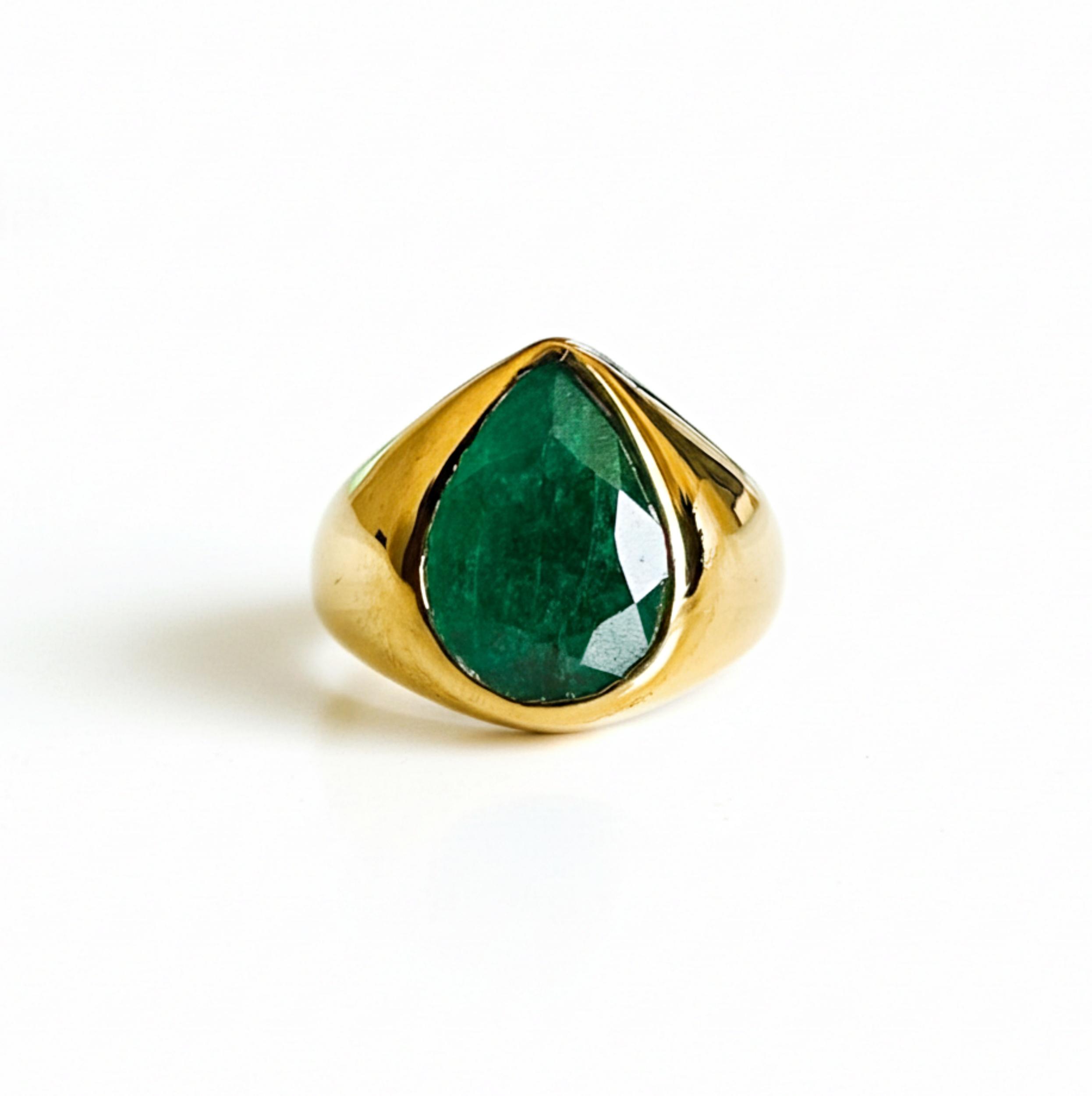

Natural Green Emerald Ring, 925 Sterling Silver Ring, 22k Gold Fill, Mens Signet Ring, Emerald Cut Pear Gemstone Ring 13 мідний