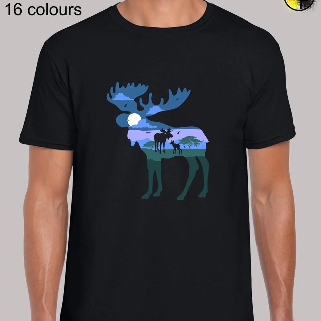 Moose Night Sky Landscape T Shirt Novelty Cool Animal Lover Casual Top For Canada Wildlife Enthusiasts Vintage
