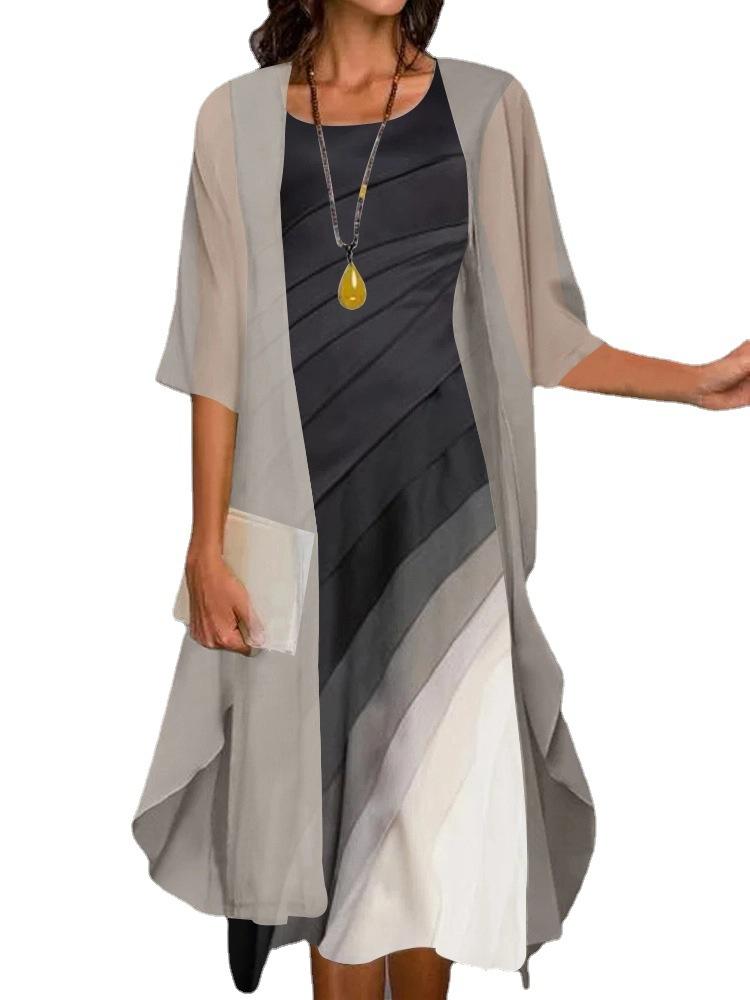 

Women s Elegant Gray Ruched Round Neck Dress with Asymmetrical Sheer Chiffon Cover-Up 5XL