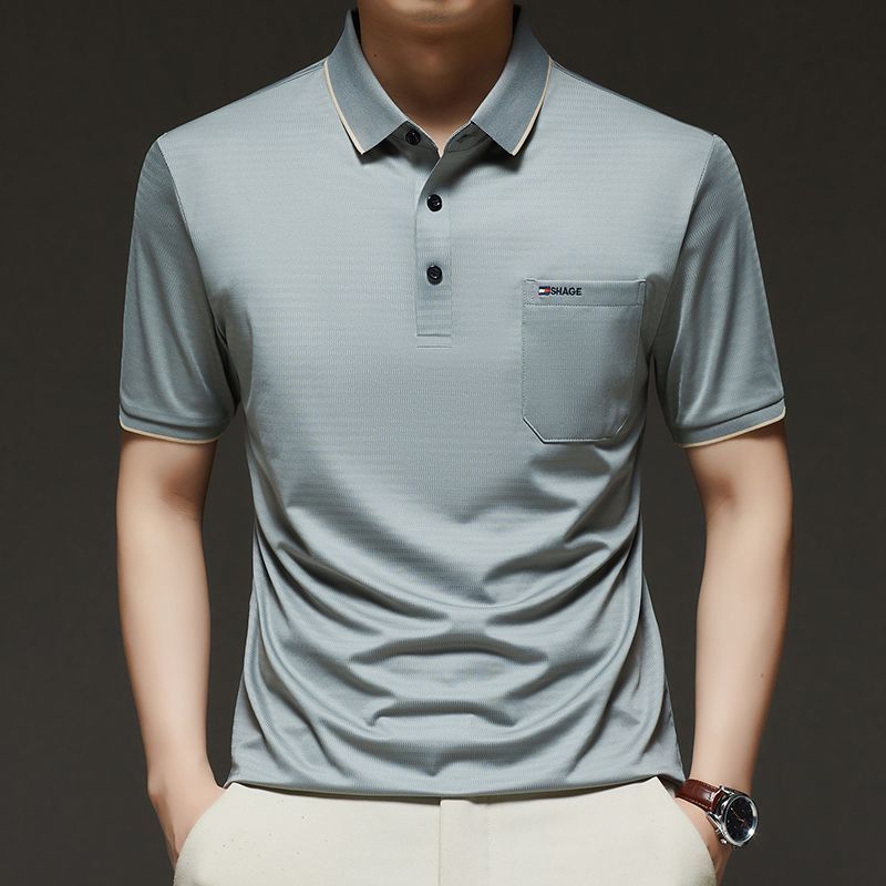 Men's Striped Polo Shirt Short Sleeve Casual Breathable Business Golf Polo Top with Chest Pocket