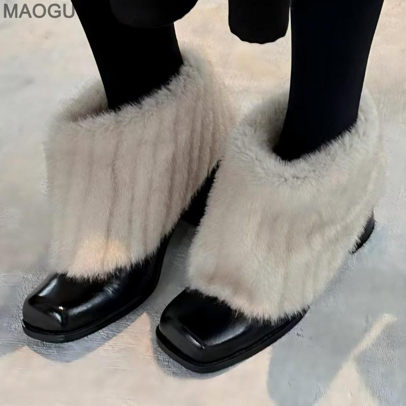 Chunky Heel Square Toe Furry Short Boots French Style Fur Lined Winter Warm Shoes Slip on Booties Elegant Botas Mujer Size 35-40
