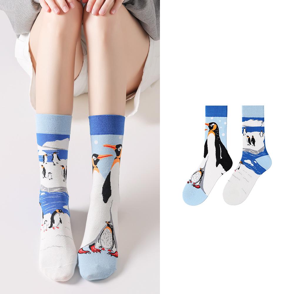 Children's Cartoon Sports Socks, Mid-Calf, Asymmetrical Mandarin Duck Design, Cotton Trendy Pair