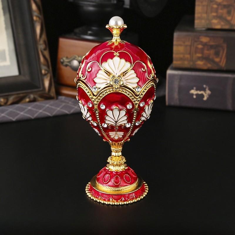 Metal Jewelry Box With Enamel Russian Pearl Egg Design For Home Decor And Gift Gold Red