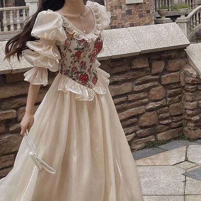 Spring and Summer French Retro Palace Style Round Neck Bubble Long-sleeved Princess Dress Fairy Long Skirt