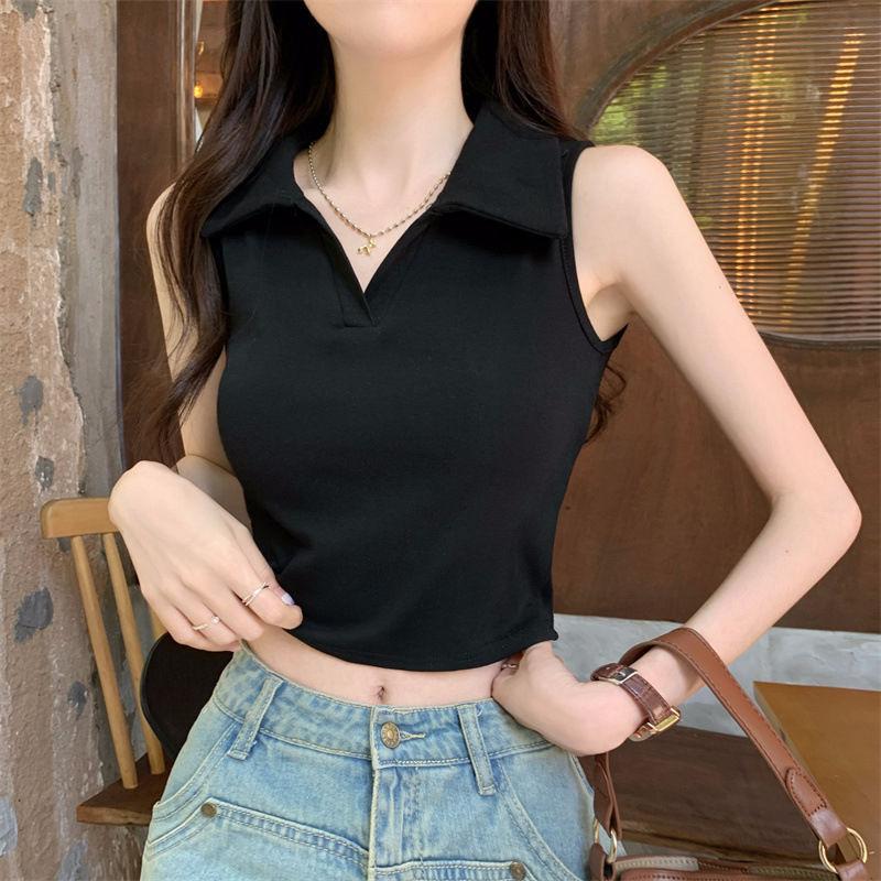 Pure desire style Spice girl polo collar vest women's summer design sense niche Hong Kong flavor inner with short sleeveless top shirt