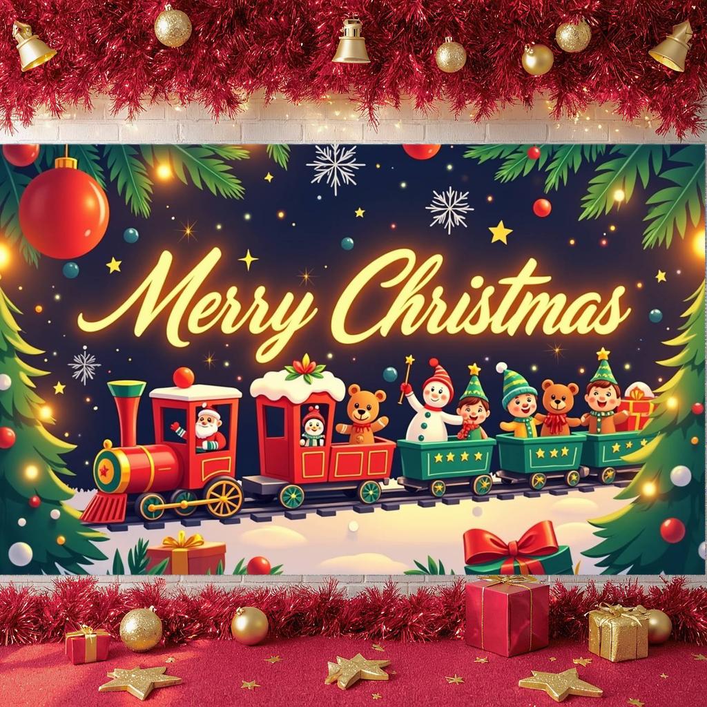 Holiday Banner Elf Character Christmas Train Banner Christmas Tree Banner Colorful Design For Holiday Celebration New Year