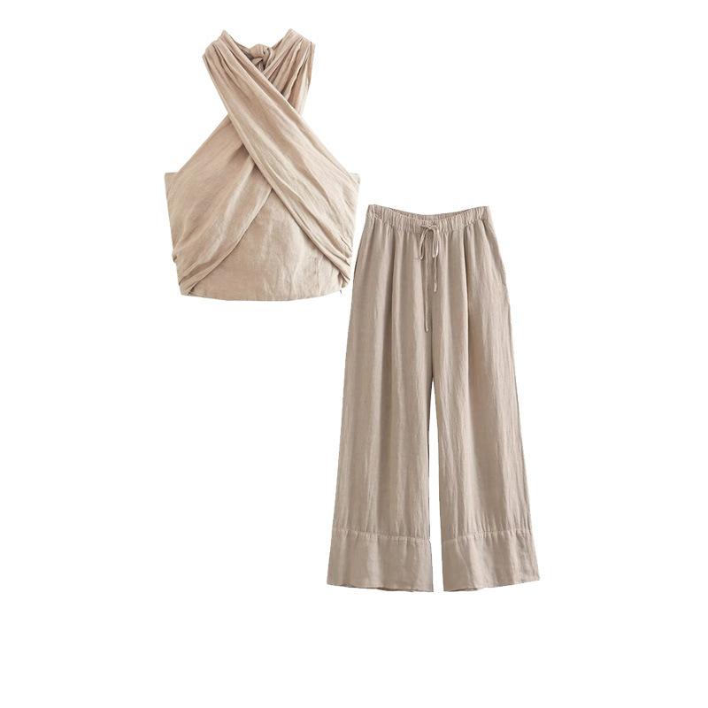 

Уличная одежда цвета хаки, женские сексуальные укороченные топы без рукавов с лямкой на шее + широкие брюки с высокой талией, модные комплекты XS хаки