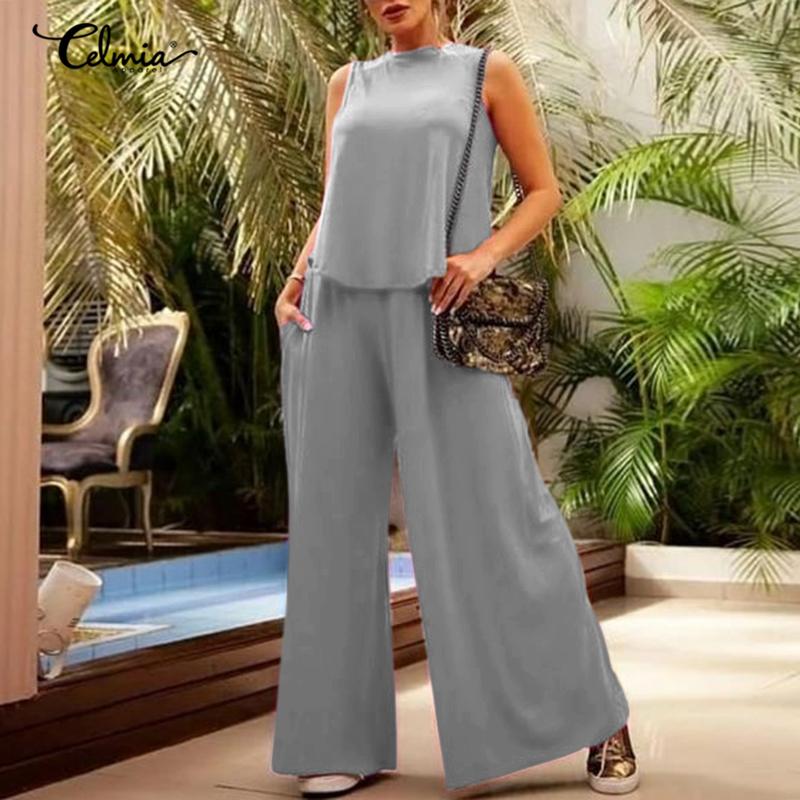 

Celmia Две части Комплекты Женщины Без рукавов Блузка Танк Топы и длинные брюки Широкие ноги Брюки Эластичная высокая талия Повседневные свободные костюмы Плюс размер
