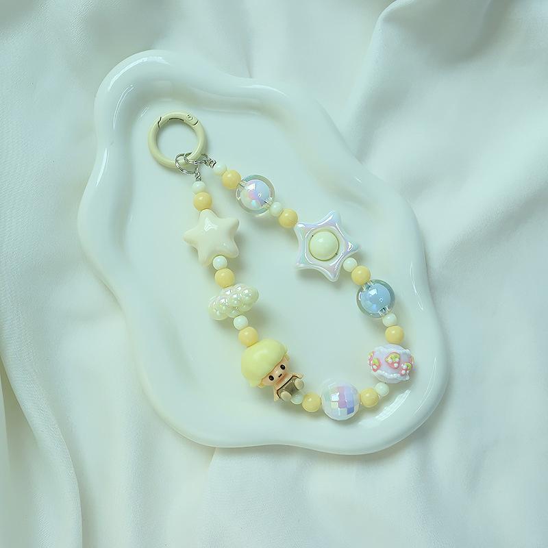 Roztomilá kreslená panenka s korálkovým popruhem na telefon, řetízkem na batoh, přívěskem na klíče, přívěskem proti ztracenému telefonu, dárkem pro iPhone, Samsung a dívku