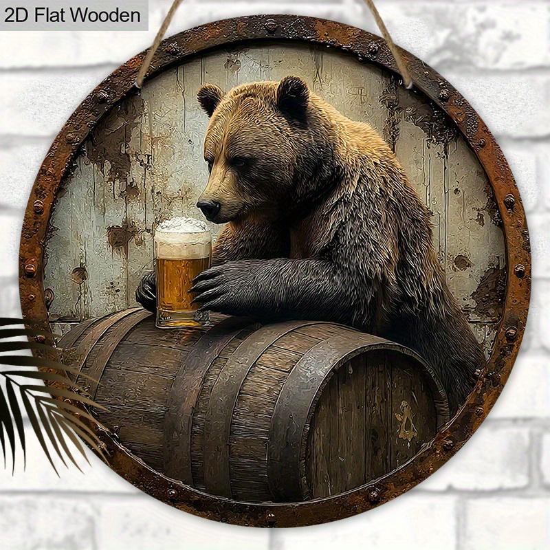 Wooden Sign with Bear & Beer Barrel Pattern - Unique Wall Pediments - Ideal for Front Door, Yard, Wall Decor
