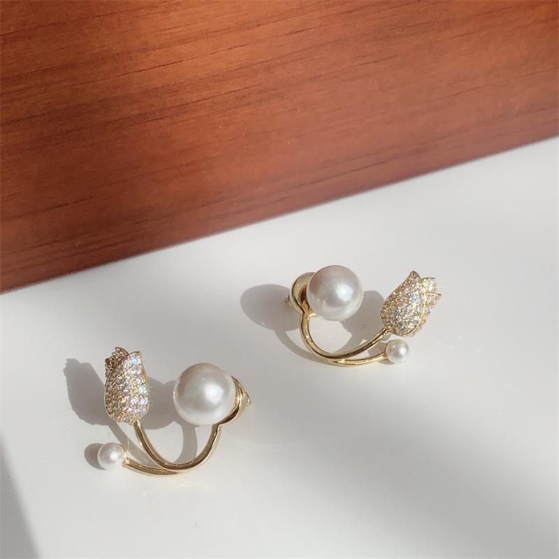 Tulip Flower Stud Earrings Sweet Fashion Women Elegant Zircon Pearl Earring Exquisite Wedding Party Gifts