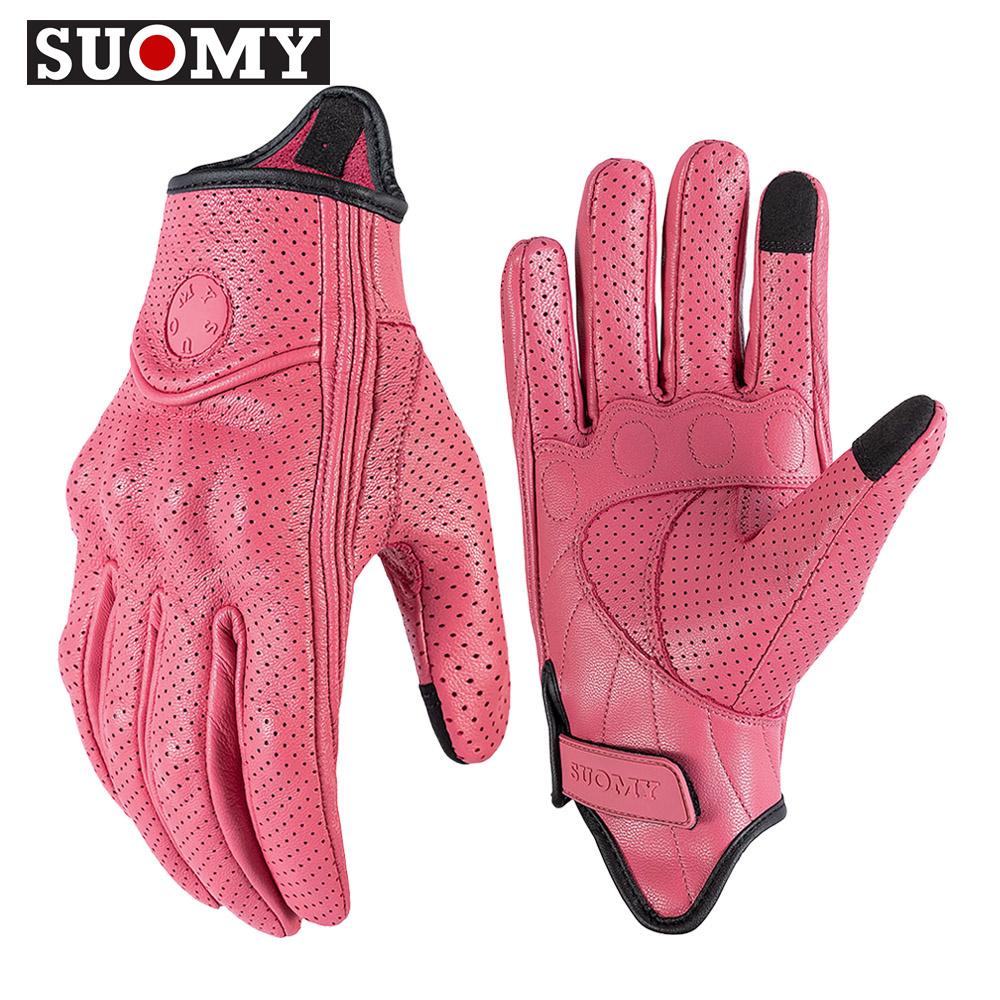 SUOMY Lady Pink Leather Motorcycle Gloves Genuine Leather Perforated Women Motorbike Riding Gloves Touch Screen Moto Guantes