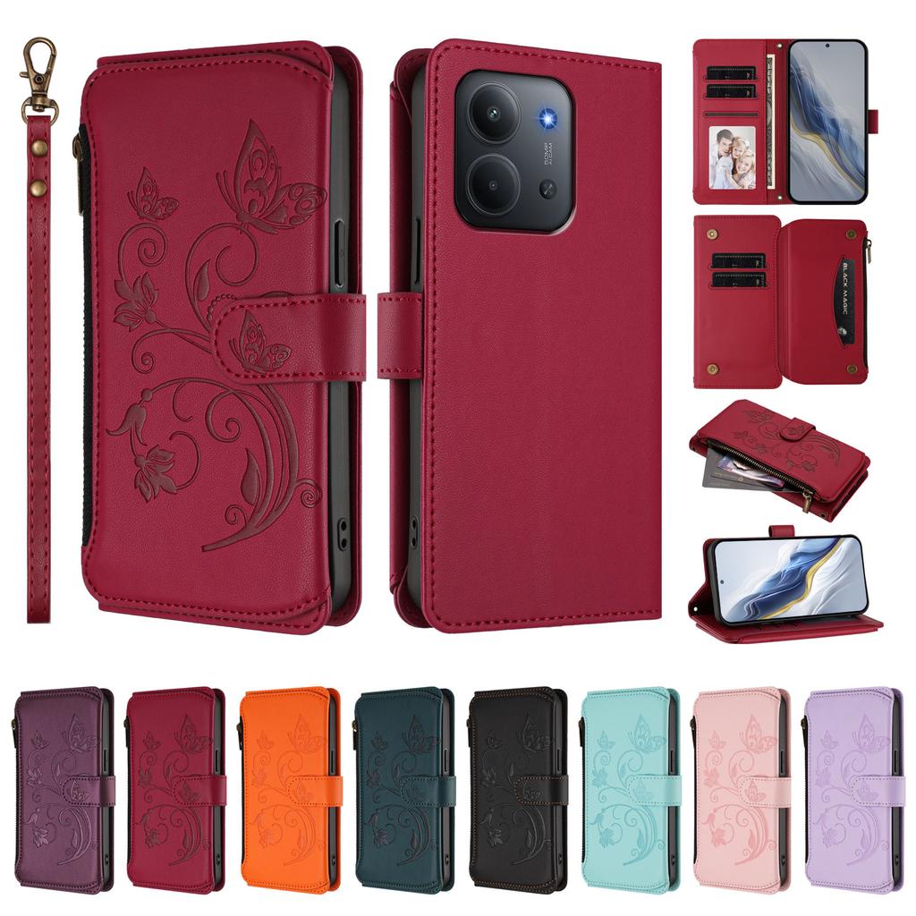 Für Xiaomi Redmi 15C 5G (EU) (173 mm)/Xiaomi Redmi 15C 4G (EU) (173 mm) Lederhülle Schmetterling Blumenprägung Reißverschluss Geldbörse Ständerhülle mit Handschlaufe