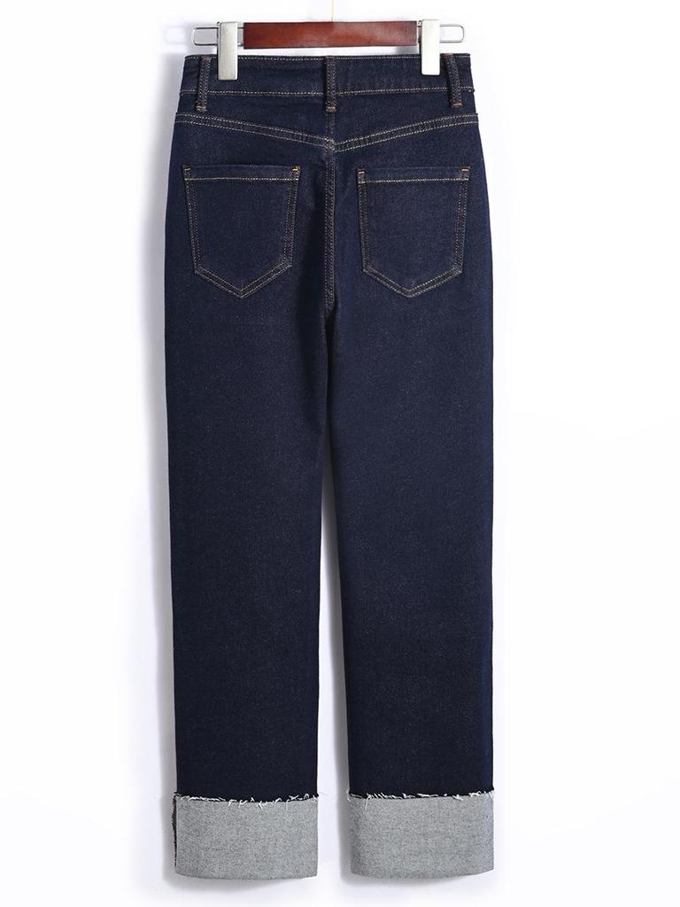 Clearance: Women's Deep Blue High-Waisted Slim-Fit Straight Leg Jeans with Rolled Hem