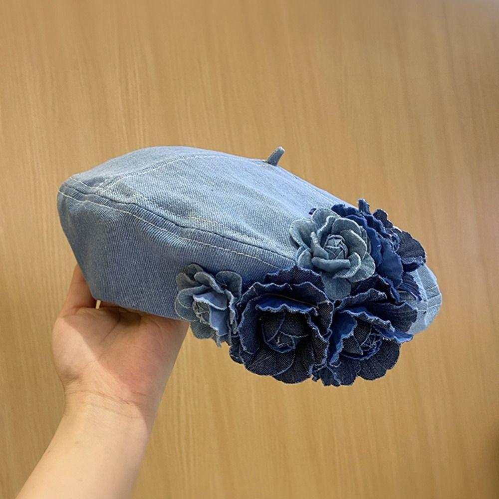 Y2K Denim Camellia Beret Hat Artistic Camellia Beret Vintage Denim Beret  Lady