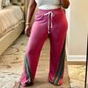 Damen Hose mit Kordelzug, elastische Taille, Streifen, Patchwork, weites Bein, Sport-Trainingshose