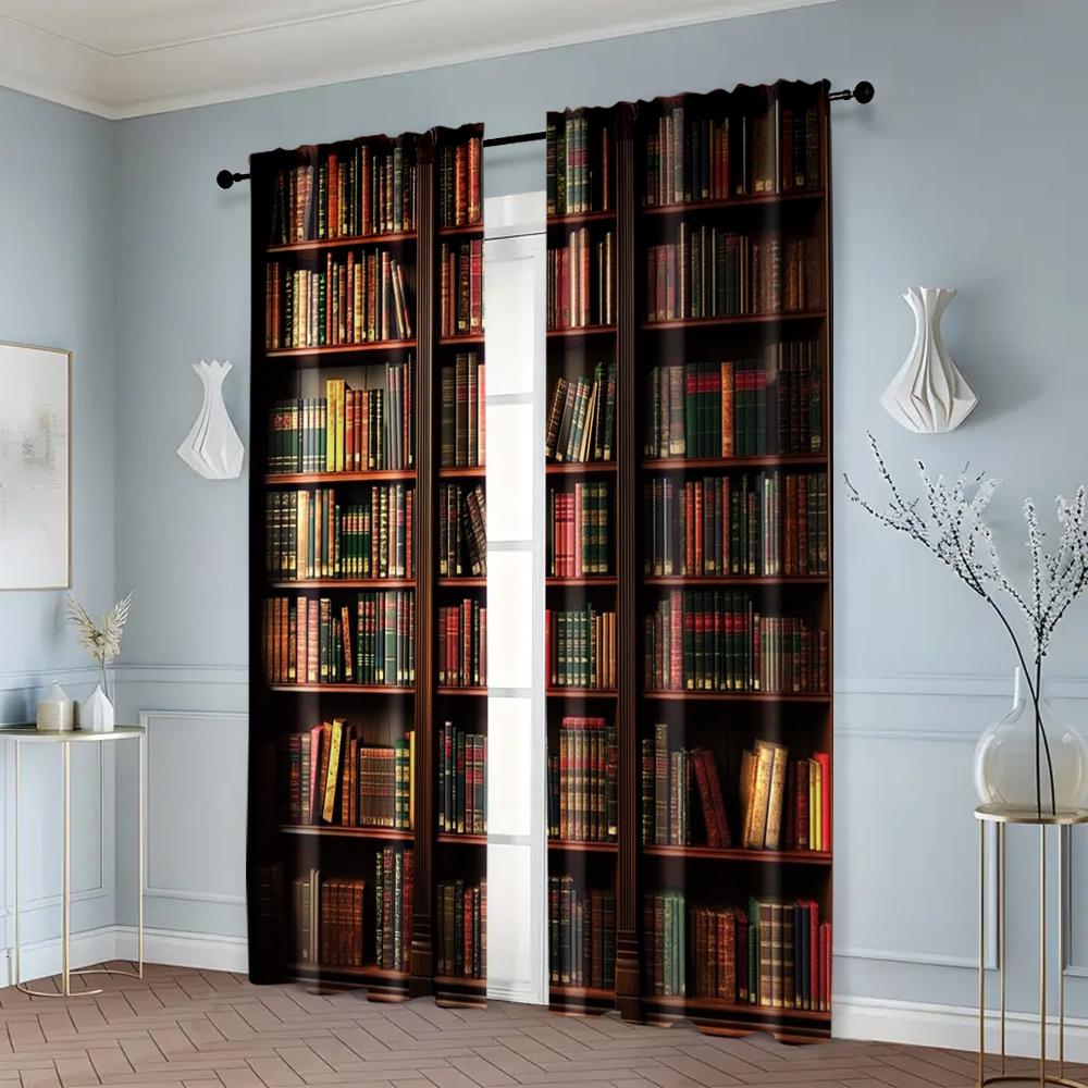 Curtains Roller Blinds Print Bookshelf Polyester Without Rod Home Decor Ldeal Bedroom Living Room Curtain Set Of 2 Vintage Made Washable Area Ready