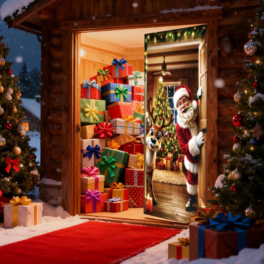 Christmas Door Decorations Covers 2D Winter Holiday Party Background Christmas Door Wrap for Indoor Outdoor Home Kitchen Party