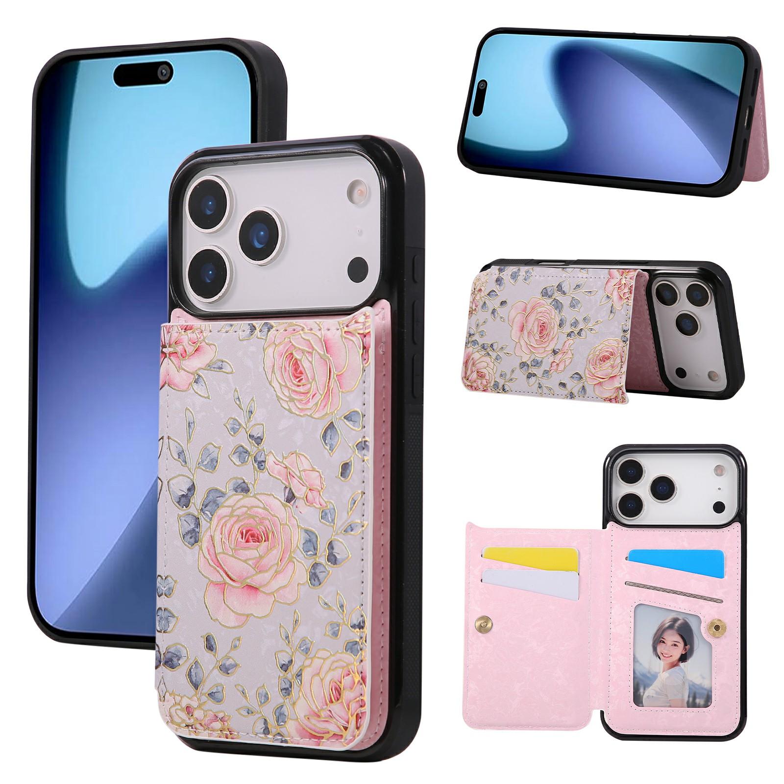 

For iPhone 17 Pro Max Case Flower Leather TPU RFID Blocking Phone Cover Card Slots Rose