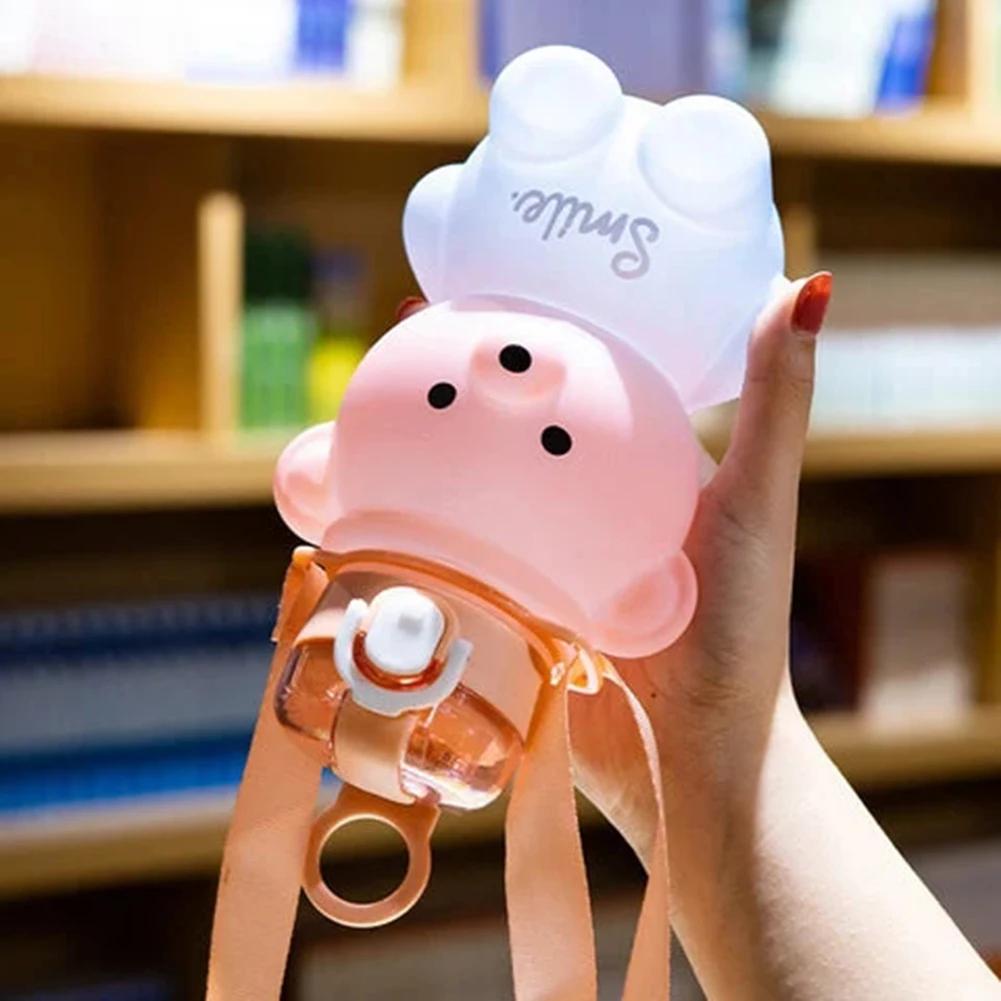 800ml Kawaii Straw Water Bottle With Rope Portable Bear Gradient Water Cup Large-Capacity Leak-Proof Drinking Mug For Kids Girls