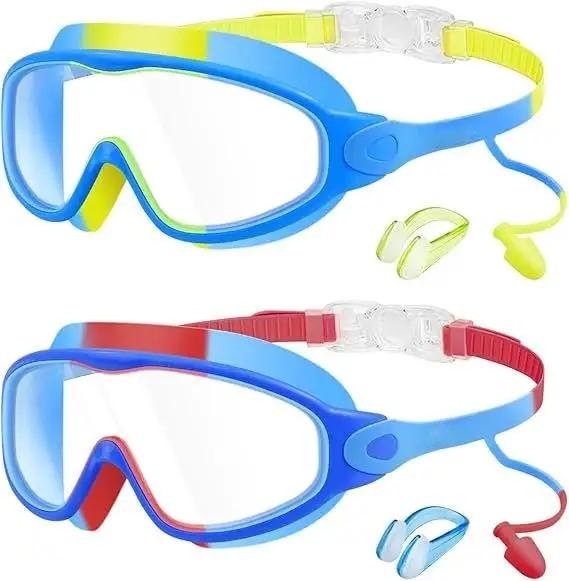 2 Pack Anti-Fog Anti-UV Swimming Goggles HD Diving Goggles with Earplugs Anti Choking Women Men Large Frame Silicone Swim Ggles