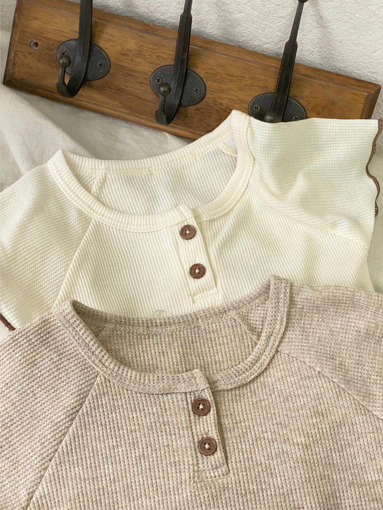 Girls' Short Sleeve Waffle T-shirt & Shorts Summer Two-piece Set