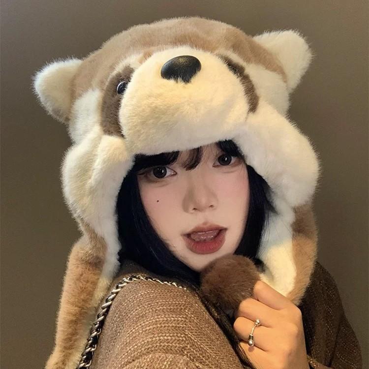 Winter Cute Cartoon Raccoon Plush Hat Female Cycling Thickened Ear Protection Hat Warm Lei Feng Hat North Cold Skiing