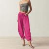 Women Bloomers High-Drape Side Shirring Wide Leg Pants with Elastic Waistband Adjustable Drawstring Pure Color Casual