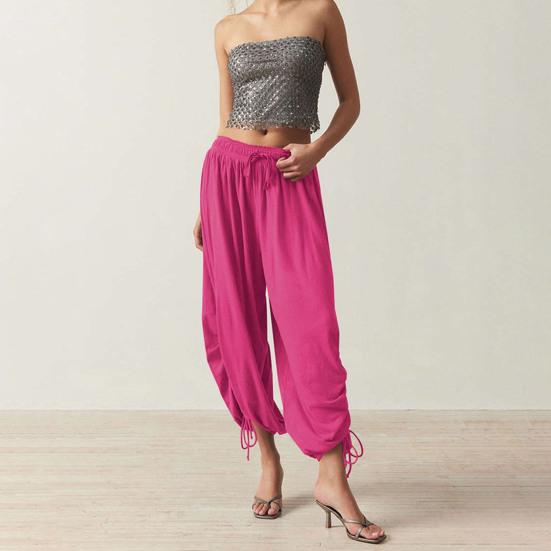 Women Bloomers High-Drape Side Shirring Wide Leg Pants with Elastic Waistband Adjustable Drawstring Pure Color Casual