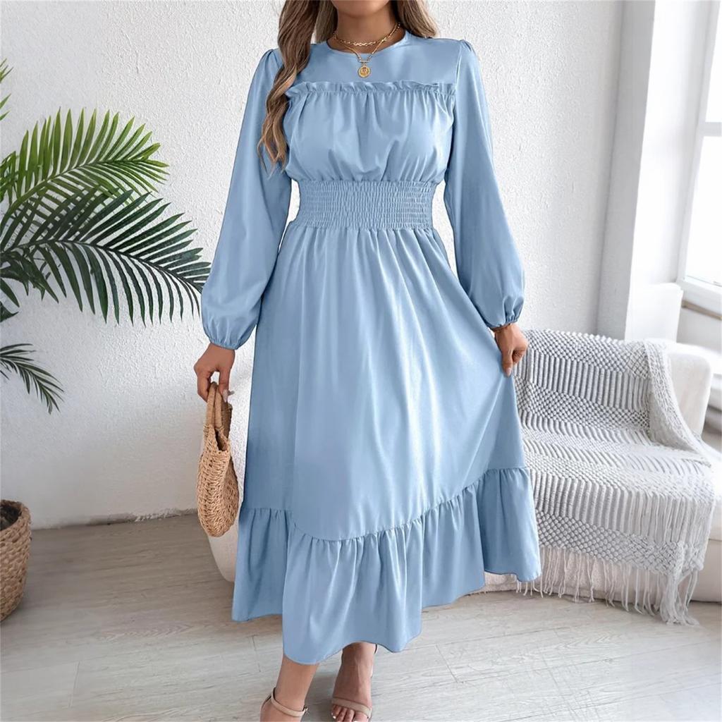 Women's Fashion Retro Solid Color Long Sleeve Waist A-Line Skirt Round Neck Pullover Dress