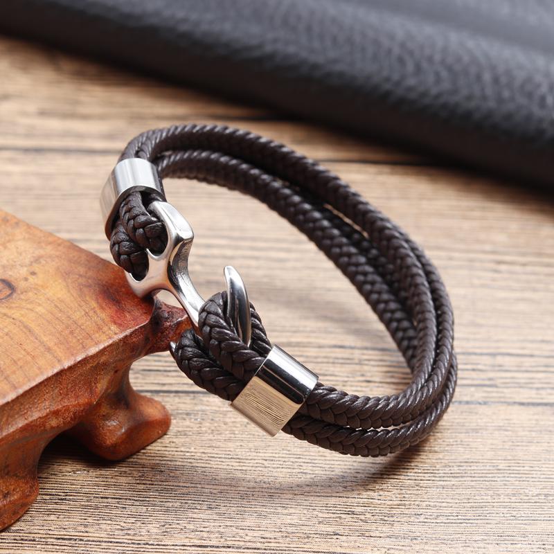 2018 Fashion Stainless Steel Anchor Bracelet Men Black Braided Cowhide Leather Rope Bracelets Wrap Punk Charm Jewelry