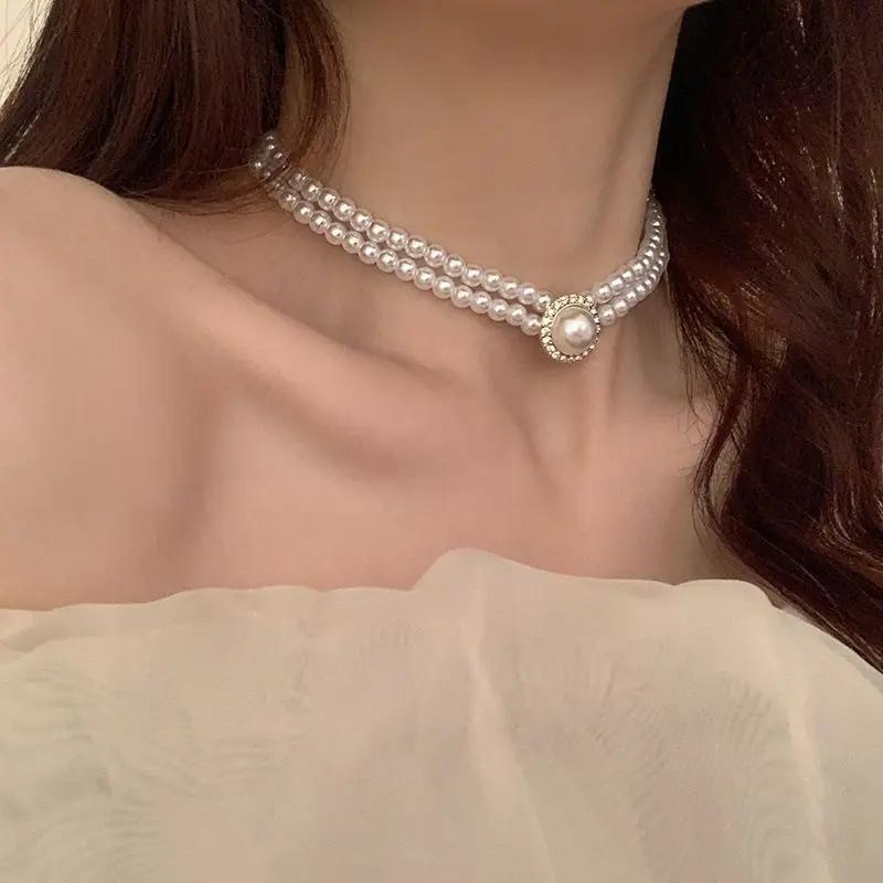 Women Elegant Pearl Double Layers Necklace Earrings Exquisite Vintage Classic Chains for Lady Party Wedding Retro Jewelry Choker