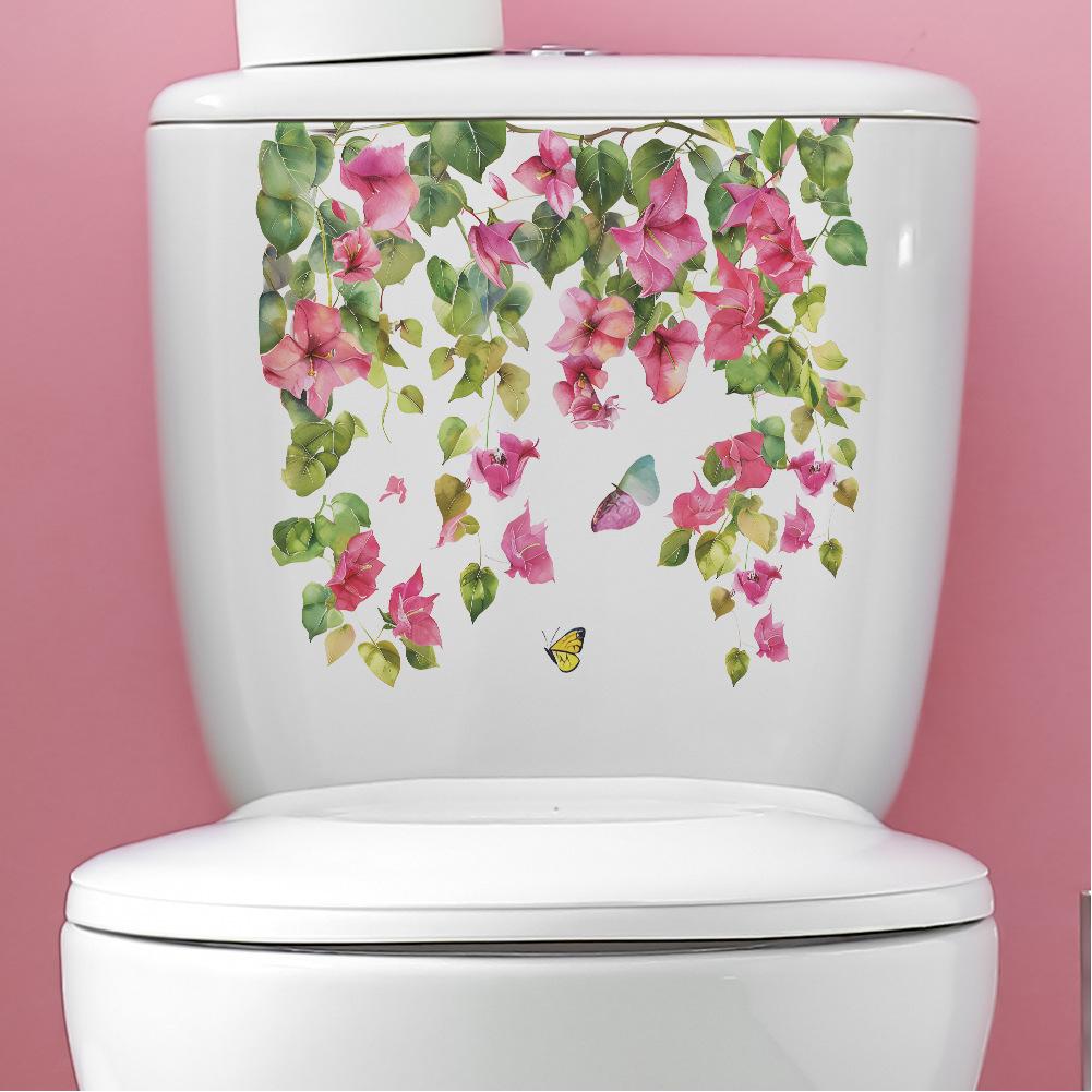 Self-adhesive Toilet Sticker Flower Painting Floral Wall Decals Bathroom Decor Removable Home DIY Sticker Decorative Wall Decals