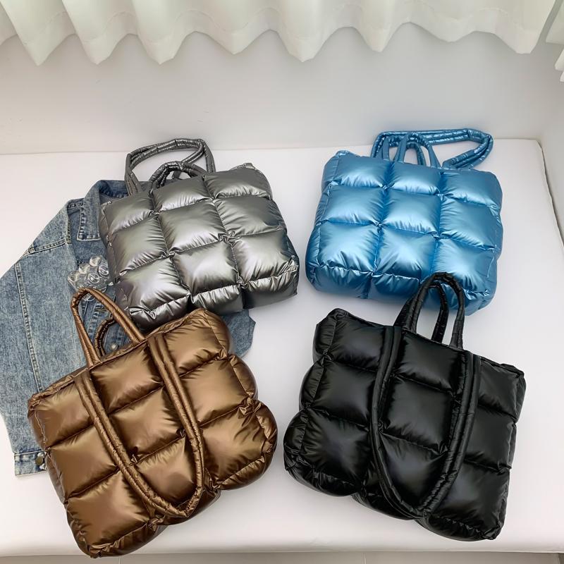 Fashion Lightweight Women Shiny Puffer Tote Bag Female Quilted Padded Soft Shoulder Bag Luxury Puffy Handbags for Winter
