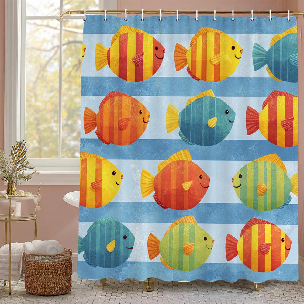 Cartoon cute fish children Shower Curtain, Bathroom Decorative Shower Curtain, Waterproof Shower Curtain with Hooks