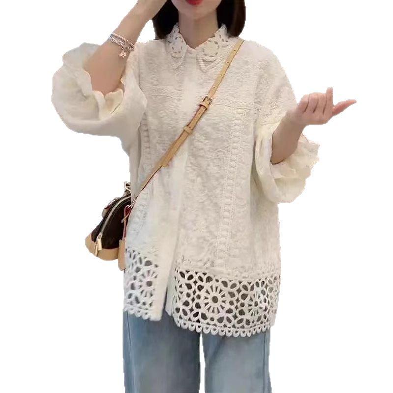 Korean Style Openwork Lace Lapel Blouse - 2025 Spring Women's Loose Fit, Long Sleeve