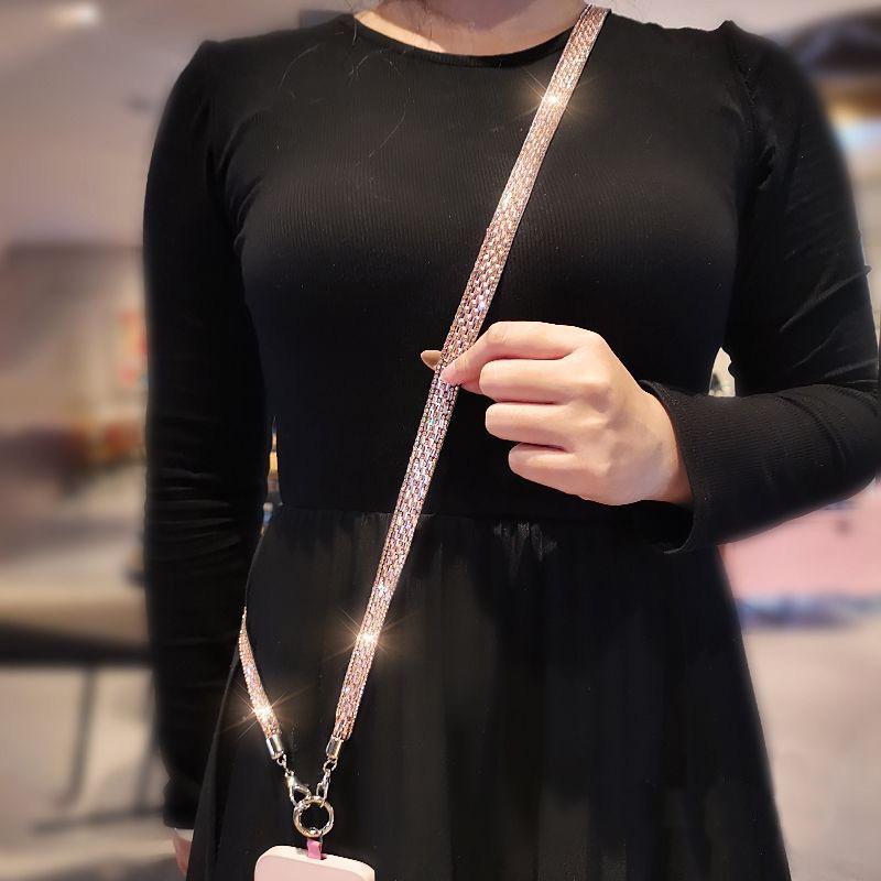 Mobile Phone Lanyard Crossbody for Women, Fashionable Flash Diamond Wide Strap, Long Outdoor Phone Case with Side Back Option