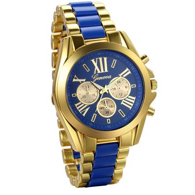 JewelryWe Montre de mode à affichage analogique à quartz avec cadran à chiffres romains et bracelet en silicone étanche pour la vie quotidienne pour hommes (Bleu.Or)