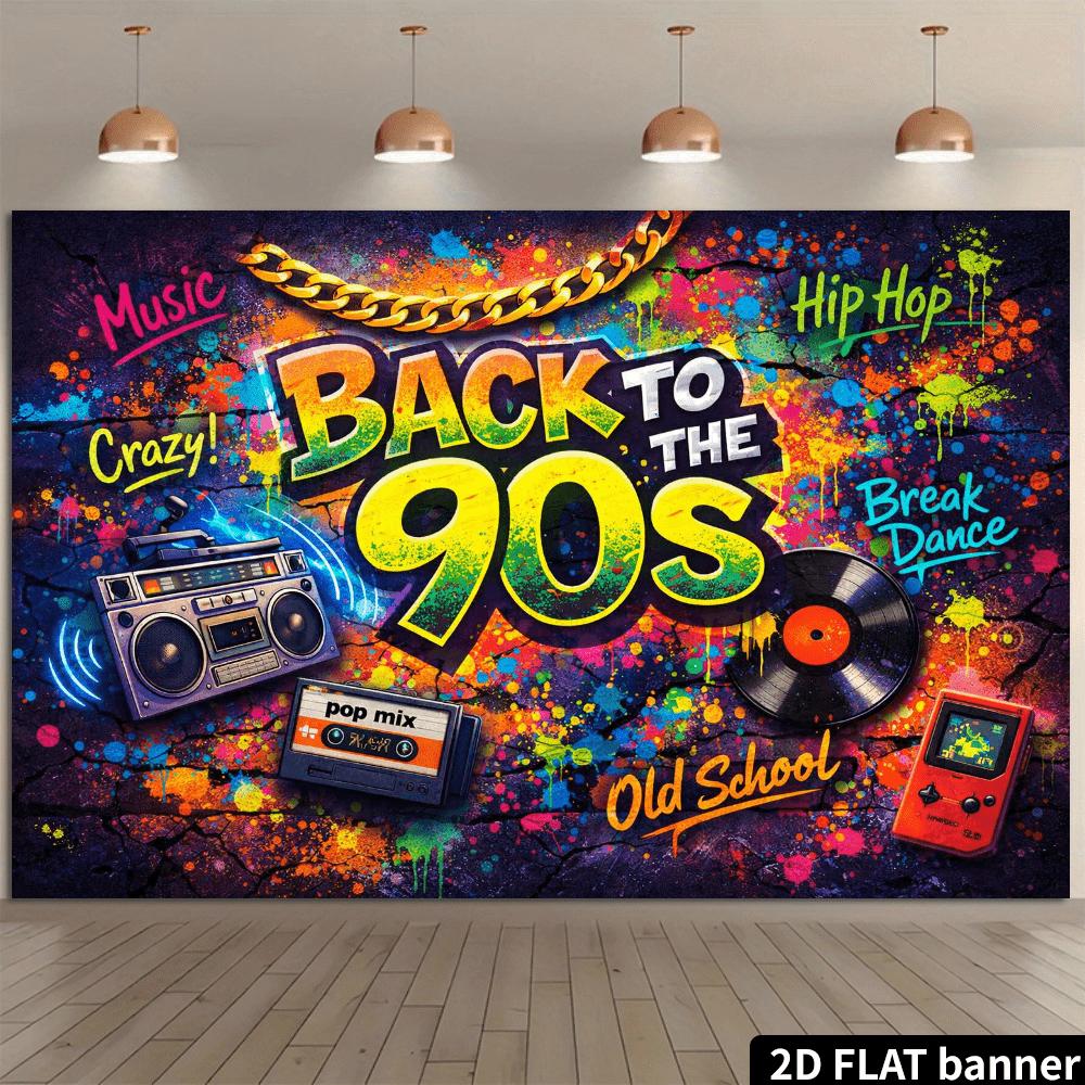 Bannière plate 2D design de tissu de fond nostalgique années 90. L'image est basée sur des murs de briques graffités. """RETOUR AUX ANNÉES 90"""
