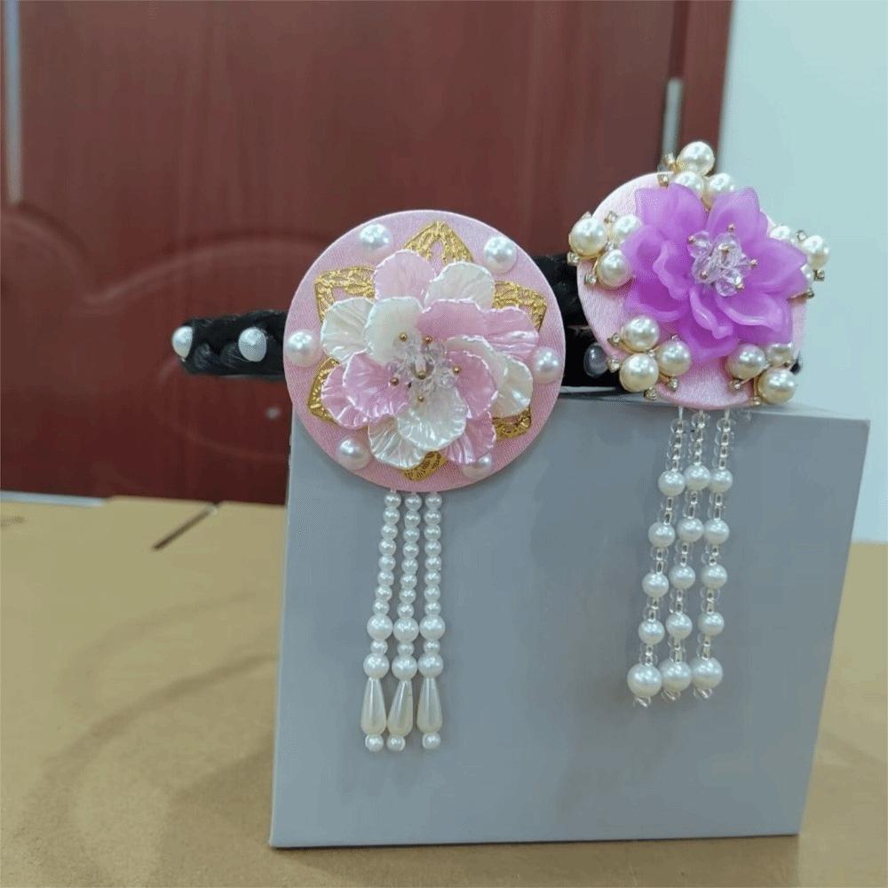 Fashion Flower Korean Headband Pearl Tassels Hanbok Hairband Headdress Traditional Stage Dance Hair Hoop Ladies