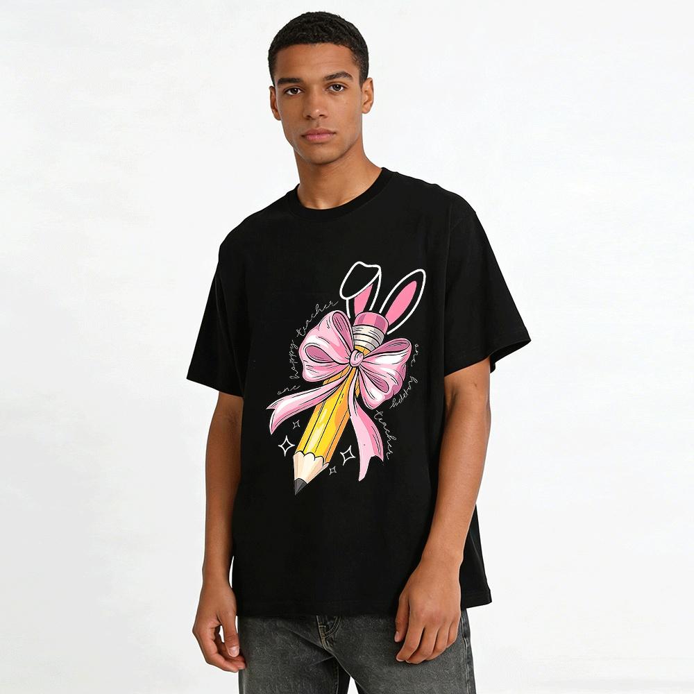 Easter Bunny Ear Pencil Bow Print Casual Top For Women Pure cotton T-shirt