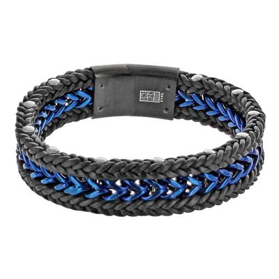 [R5102] - Lederarmband Stahl 'Giorgio' blau schwarz silbern - 210x15 mm